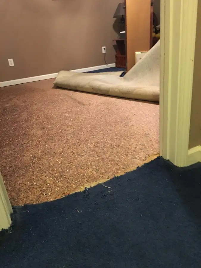 Carpet pad removal revealing water damage during Drying & Dehumidification in Rupert